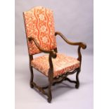A 20TH CENTURY CONTINENTAL BEECH FRAMED OPEN ARMCHAIR, with floral printed upholstered back and