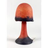 AN ART DECO GLASS LAMP, of mushroom shape, with opaque red and blue shade and base, each fitting