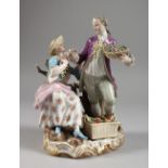 A GOOD MEISSEN PORCELAIN GROUP OF A GALLANT AND LADY, the man standing with a basket of flowers, the