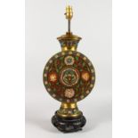 A GOOD CHINESE CLOISONNE CIRCULAR LAMP, on a wooden stand. 20ins high.