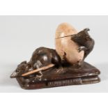 A COLD PAINTED BRONZE GROUP, TWO MICE WITH AN EGG, as an inkwell. 5ins long.