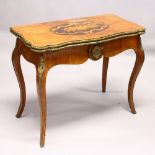 A 19TH CENTURY FRENCH WALNUT, MARQUETRY AND ORMOLU CARD TABLE, with serpentine folding top, shaped