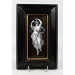 A GOOD LIMOGES PLAQUE OF A CLASSICAL YOUNG LADY playing a triangle. 8ins x 3.5ins, framed.