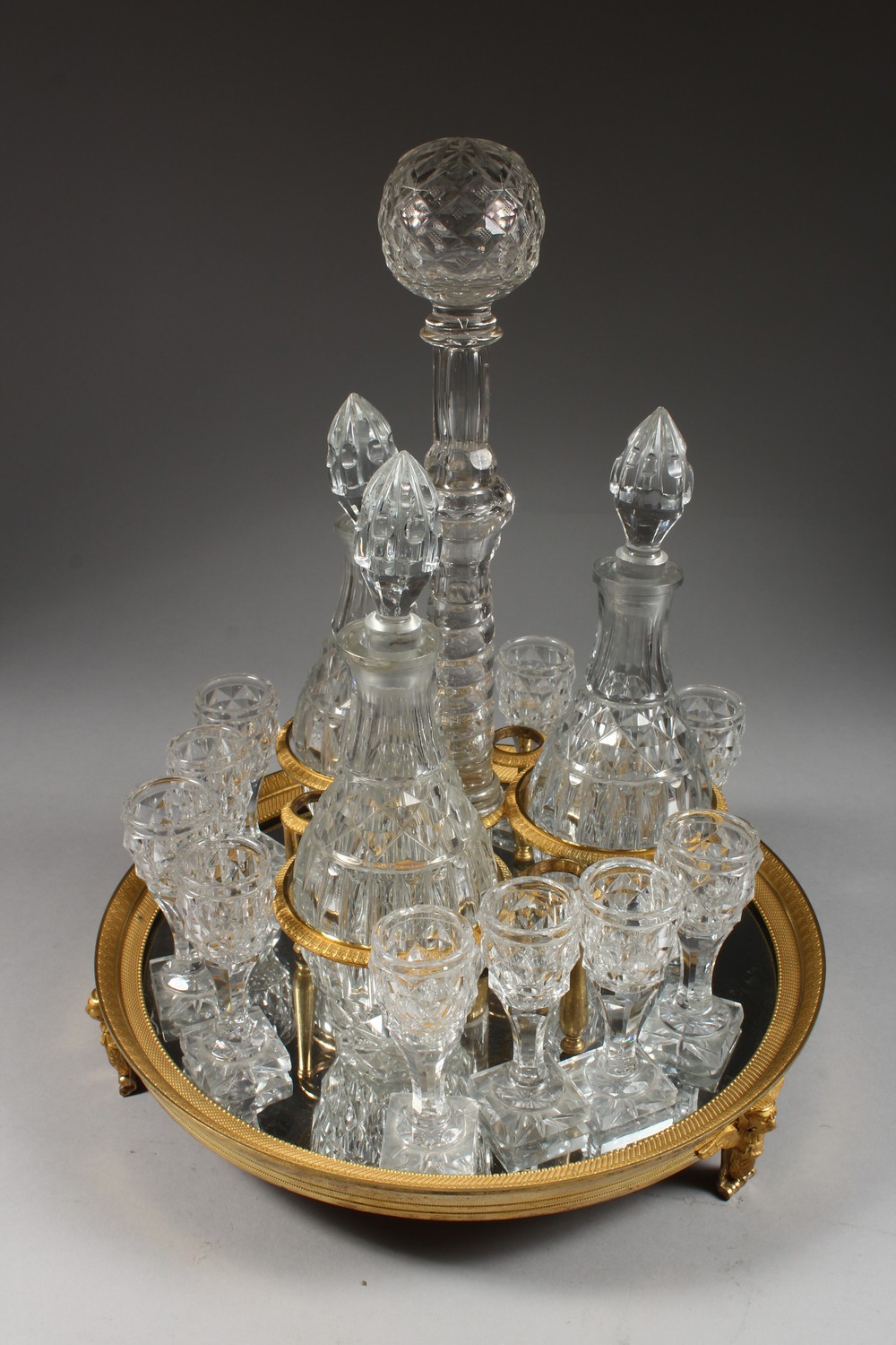 A SUPERB PIERRE-PHILIPPE THOMIRE MERCURY GILDED CIRCULAR DRINKS SET, complete with three decanters - Image 2 of 9