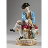 A GOOD MEISSEN PORCELAIN FIGURE OF A YOUNG MAN seated holding a gun, a dog by his side. Cross swords