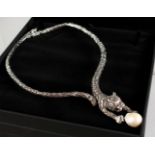 A GOOD SILVER MARCASITE AND BAROQUE PEARL NECKLACE.