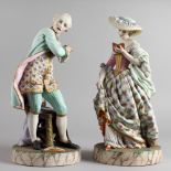 A LARGE PAIR OF CONTINENTAL PAINTED BISCUIT GLAZED PORCELAIN FIGURES of a Dandy and a young lady