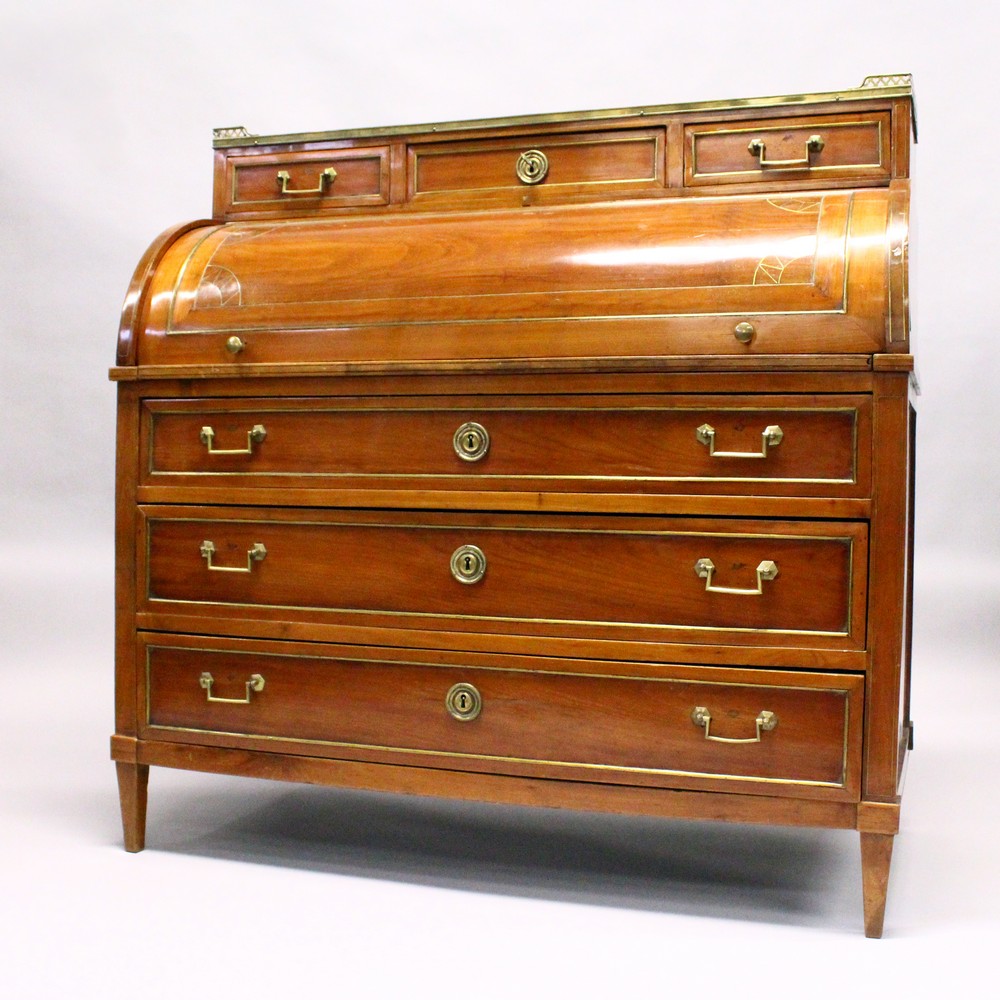 A 19TH CENTURY CONTINENTAL FRUITWOOD CYLINDER BUREAU, with brass galleried marble top, over three - Image 2 of 16