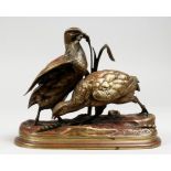 JULES MOIGNIEZ (1835-1894) FRENCH A BRONZE GROUP OF TWO PARTRIDGES. Signed. 9ins long.