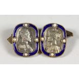 A PAIR OF RUSSIAN SILVER AND ENAMEL PORTRAIT BUST CUFFLINKS.