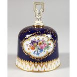 A GOOD MEISSEN PORCELAIN HAND BELL, blue ground decorated in gilt, painted with three vignettes,