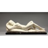 19TH CENTURY FRENCH SCHOOL, A carved marble female reclining nude, mounted on a rectangular