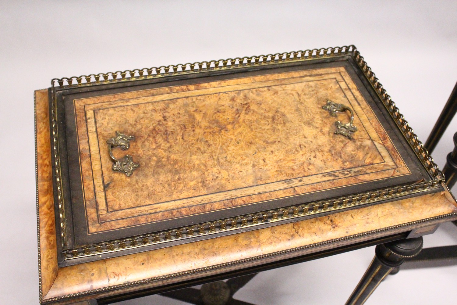 A PAIR OF 19TH CENTURY FRENCH WALNUT, EBONISED AND ORMOLU RECTANGULAR JARDINIERES, with removable - Image 4 of 9