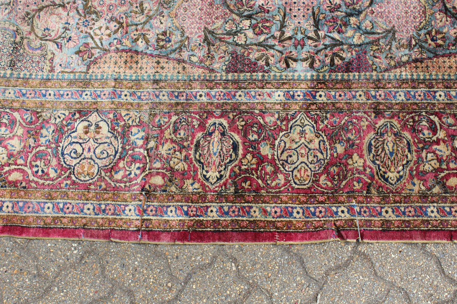 A 19TH/20TH CENTURY PERSIAN TEHRAN SILK CARPET, red ground with numerous vases of flowers, panels of - Image 4 of 15