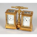 A COMBINED BRASS CLOCK AND BAROMETER. 3.5ins high.