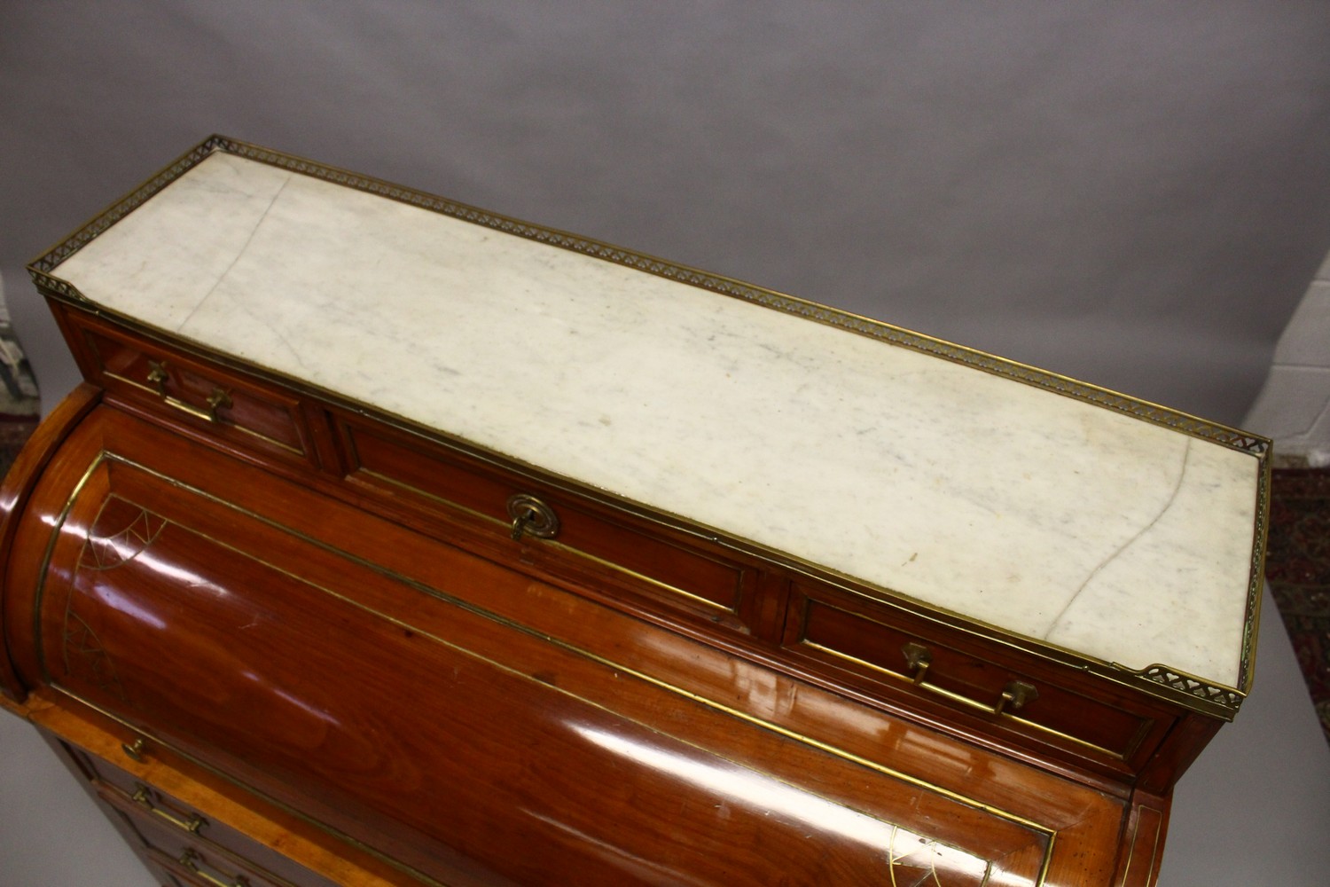 A 19TH CENTURY CONTINENTAL FRUITWOOD CYLINDER BUREAU, with brass galleried marble top, over three - Image 6 of 16