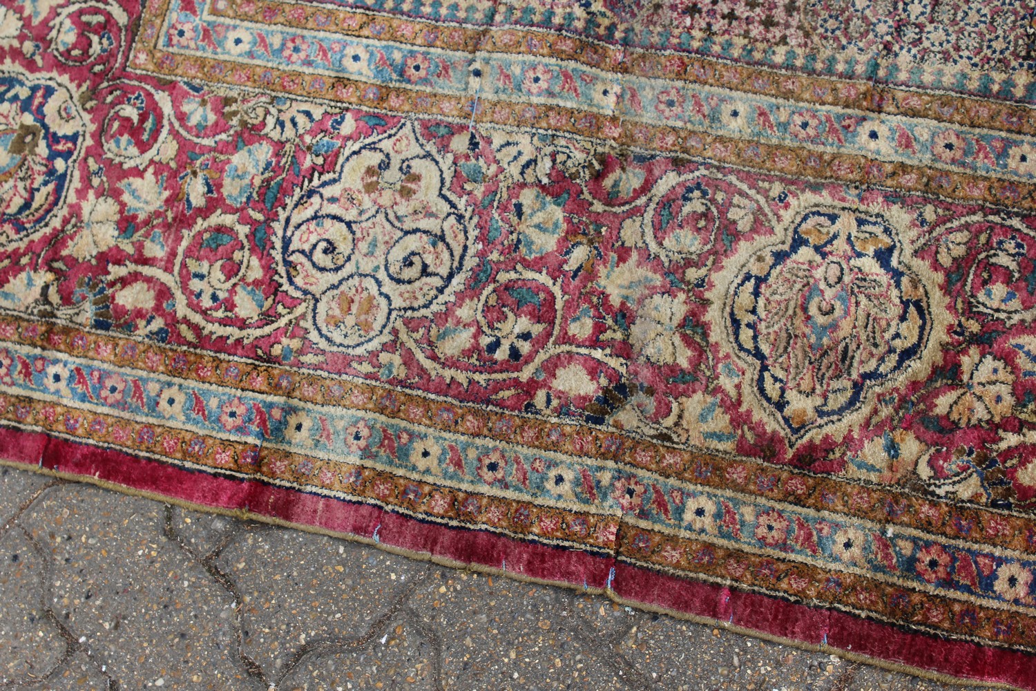 A 19TH/20TH CENTURY PERSIAN TEHRAN SILK CARPET, red ground with numerous vases of flowers, panels of - Image 5 of 15