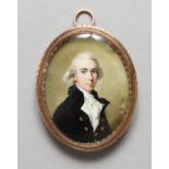 A GEORGIAN OVAL PORTRAIT MINIATURE OF A YOUNG GENTLEMAN, blue coat and white cravat. Image: 1 3/8ins