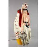 AN UNUSUAL LIMOGES PORCELAIN TABLE LAMP, modelled as a man embracing a semi-nude female. 12.5ins
