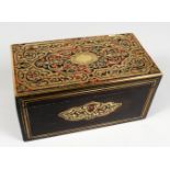 A 19TH CENTURY BOULLE BRASS INLAID TWO-DIVISION TEA CADDY. 9ins long.