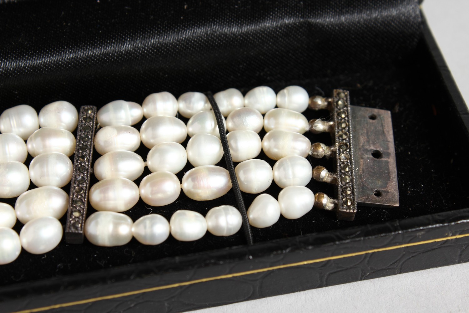 A SILVER, MARCASITE AND FIVE-ROW PEARL BRACELET. - Image 4 of 4