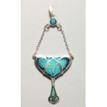 AN ART NOUVEAU STYLE SILVER AND ENAMEL PENDANT. 3ins high.