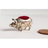 A CAST SILVER NOVELTY PIG PIN CUSHION.