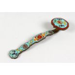 A SMALL CHINESE CLOISONNE RUYI SCEPTRE. 8ins long.