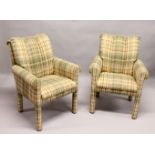 A PAIR OF MODERN ARMCHAIRS, upholstered with a Burberry style check fabric.