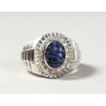 A VERY GOOD 18CT WHITE GOLD, SAPPHIRE AND DIAMOND RING.