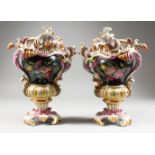A GOOD PAIR OF FRENCH PORCELAIN VASES, with scrolls, painted with reverse panels of flowers on a