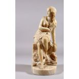 A GOOD 19TH CENTURY FRENCH CARVED ALABASTER FIGURE OF A YOUNG GIRL sitting on a rock. 9.5ins high.