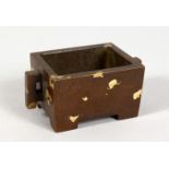 A CHINESE MINIATURE RECTANGULAR GOLD SPLASH BRONZE CENSER. 2.75ins long.