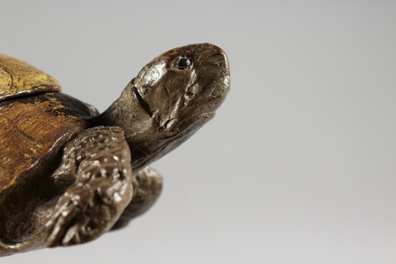 A COLD PAINTED BRONZE TORTOISE INKWELL, with a lift-up shell. 6ins long. - Image 5 of 6