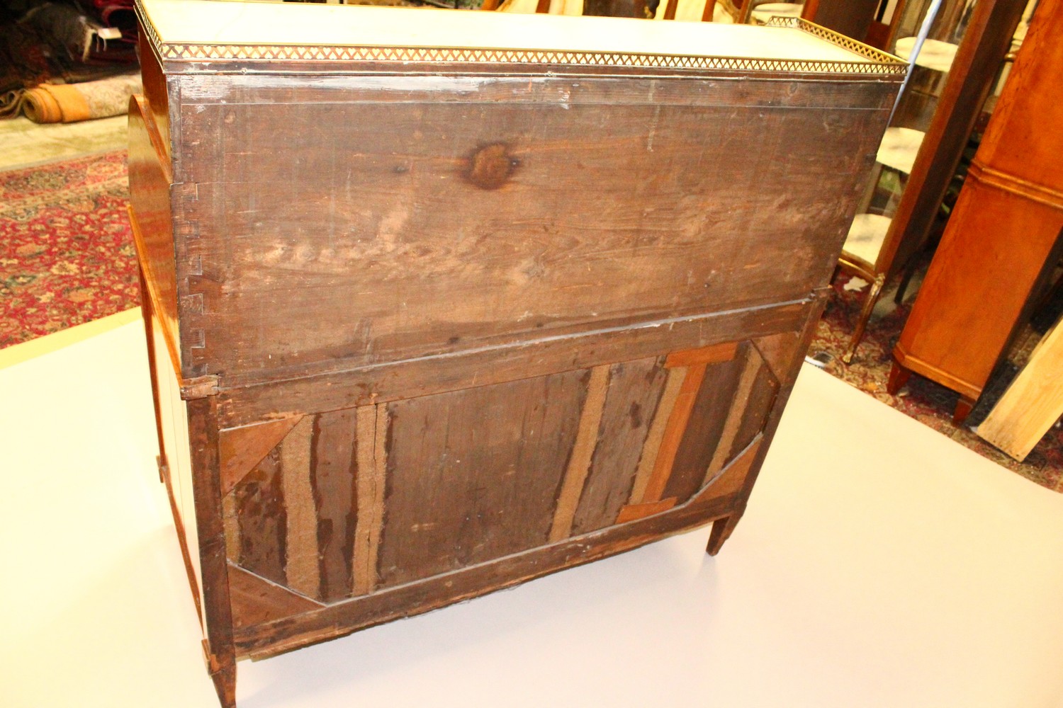 A 19TH CENTURY CONTINENTAL FRUITWOOD CYLINDER BUREAU, with brass galleried marble top, over three - Image 16 of 16