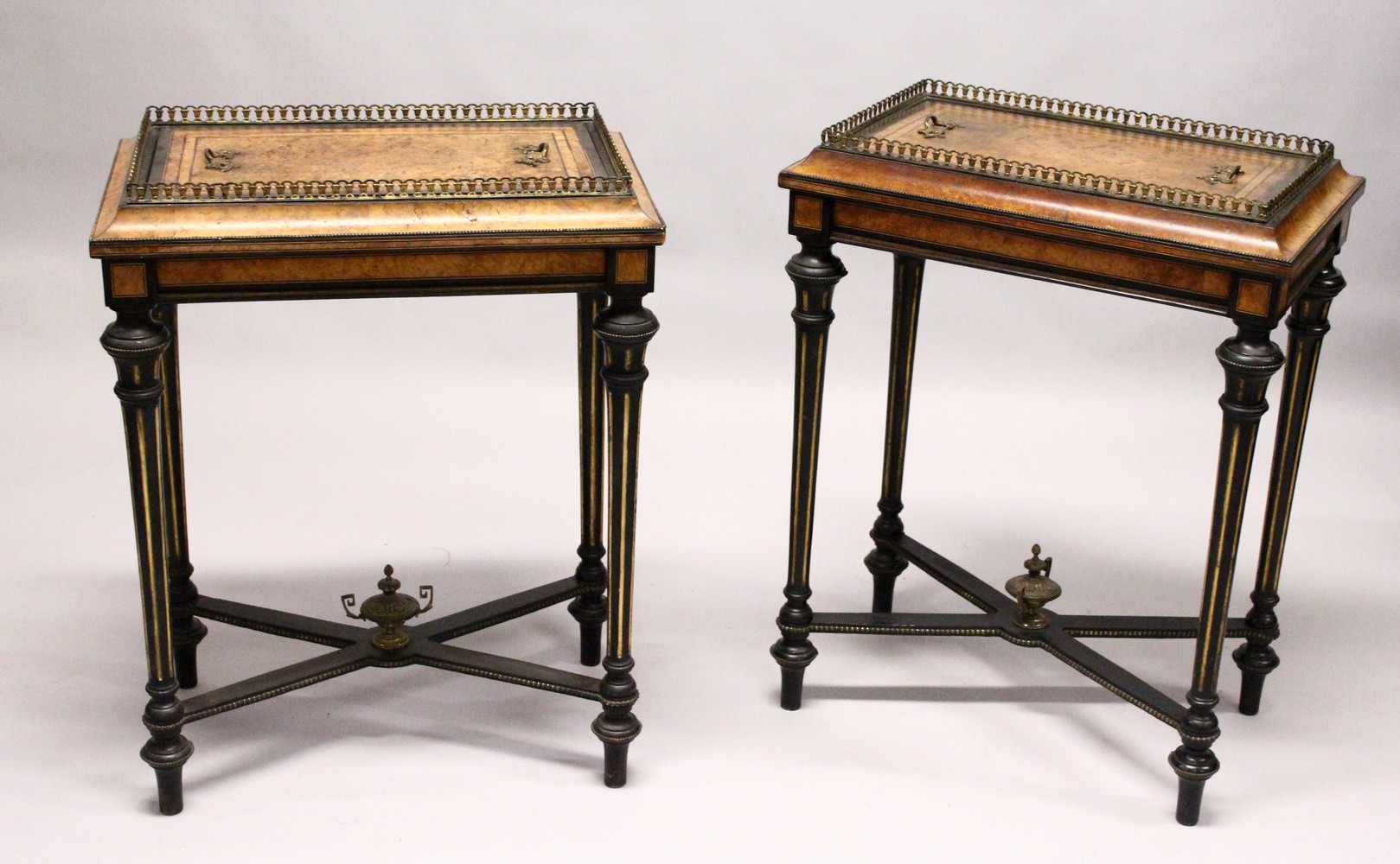 A PAIR OF 19TH CENTURY FRENCH WALNUT, EBONISED AND ORMOLU RECTANGULAR JARDINIERES, with removable