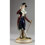 A MEISSEN PORCELAIN FIGURE OF A DANDY holding a glass and walking cane. Cross swords mark in blue.