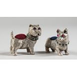 A PAIR OF NOVELTY SILVER DOG PIN CUSHIONS. Corgi and Scottish Terrier. 1ins.