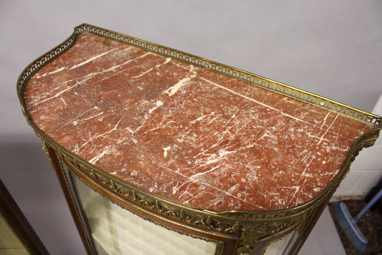 A PAIR OF FRENCH MAHOGANY, ORMOLU AND MARBLE BOWFRONT VITRINES, MID 20TH CENTURY, with galleried - Image 6 of 9