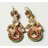 A SUPERB PAIR OF 18CT YELLOW GOLD, RUBY, DIAMOND AND EMERALD DROP EARRINGS.