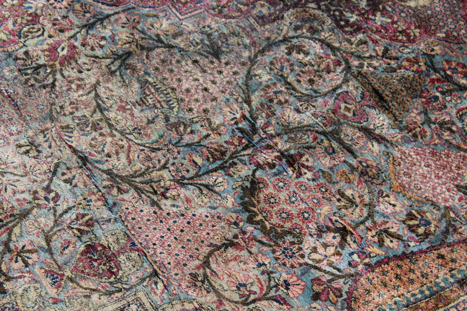 A 19TH/20TH CENTURY PERSIAN TEHRAN SILK CARPET, red ground with numerous vases of flowers, panels of - Image 15 of 15