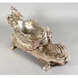 A SUPERB LARGE CAST PLATED BOAT SHAPED CENTREPIECE, with swans, cupids and garlands.