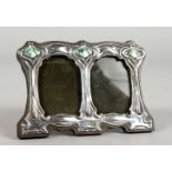 AN ART NOUVEAU STYLE SILVER AND ENAMEL DOUBLE PHOTOGRAPH FRAME. 4.5ins wide x 3ins high.