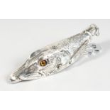 A NOVELTY SILVER PLATE "TROUT" HEAD LETTER CLIP with glass eyes. 5.5ins long.