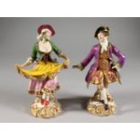 A PAIR OF 19TH CENTURY MINTON FIGURES AFTER MEISSEN, originals of a man and woman dancing.