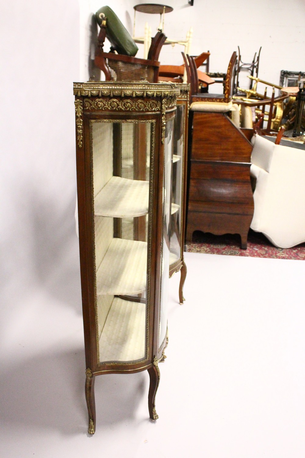 A PAIR OF FRENCH MAHOGANY, ORMOLU AND MARBLE BOWFRONT VITRINES, MID 20TH CENTURY, with galleried - Image 8 of 9