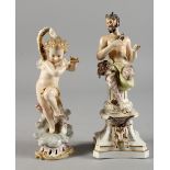 A PORCELAIN SATYR on a pedestal, 8ins high, and a CUPID, 7ins high (2).