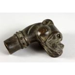 A BRONZE DOG HEAD WALKING STICK HANDLE. 2.75ins high.