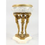 AN EMPIRE CUT GLASS AND ORMOLU BOWL, with caryatid figures, on a shaped marble base. 8ins high.
