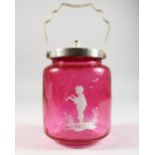 A CRANBERRY MARY GREGORY BISCUIT BARREL.
